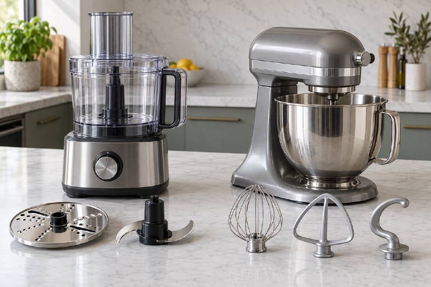 Robot cu lame si mixer planetar cu bol metalic asezate alaturi
