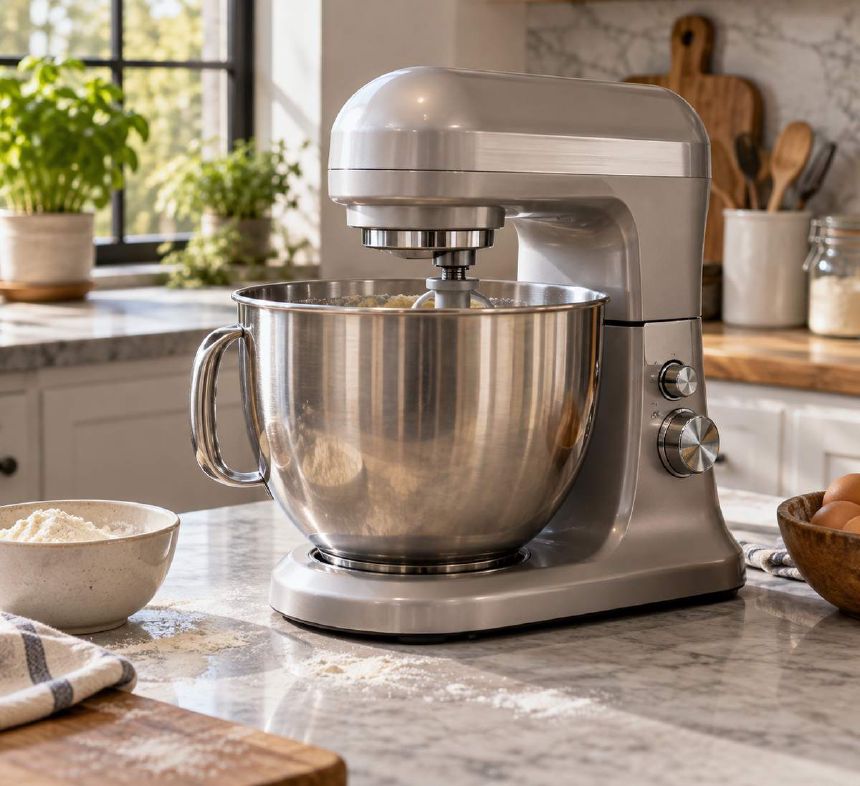 Mixer planetar cu bol din inox pe blatul unei bucatarii