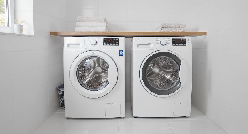 Uscator de rufe alb cu pompa de caldura instalat intr-o spalatorie moderna alaturi de masina de spalat