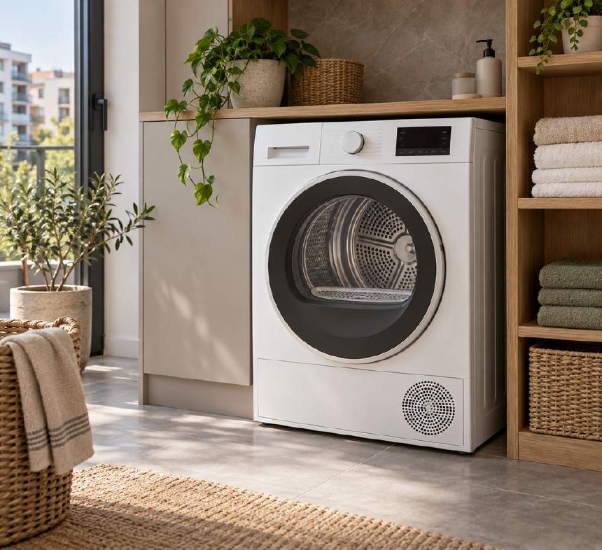Uscator alb cu incarcare frontala intr-o camera de spalatorie