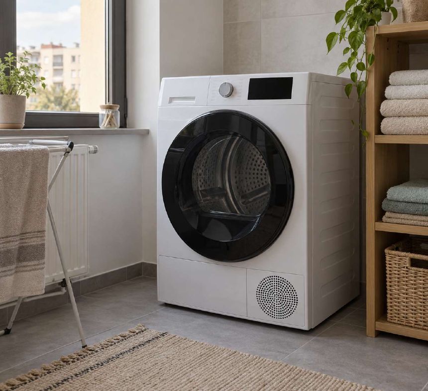 Uscator cu incarcare frontala intr-o camera de spalatorie