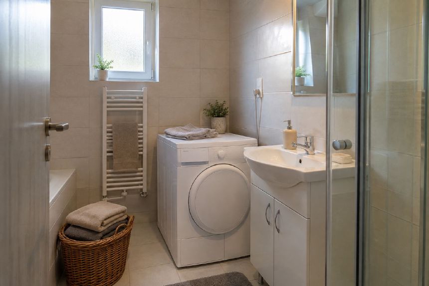 Uscator compact instalat intr-o baie moderna