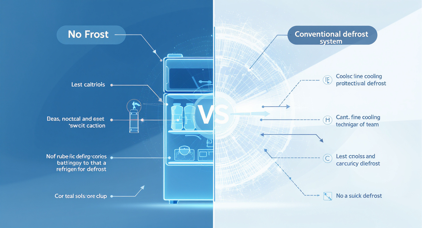 Diagrama tehnologii răcire frigider No Frost vs conventional, comparație vizuală
